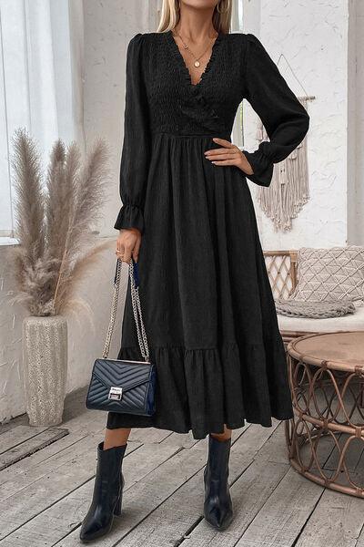 Chic Black Flounce Sleeve Surplice Midi Dress