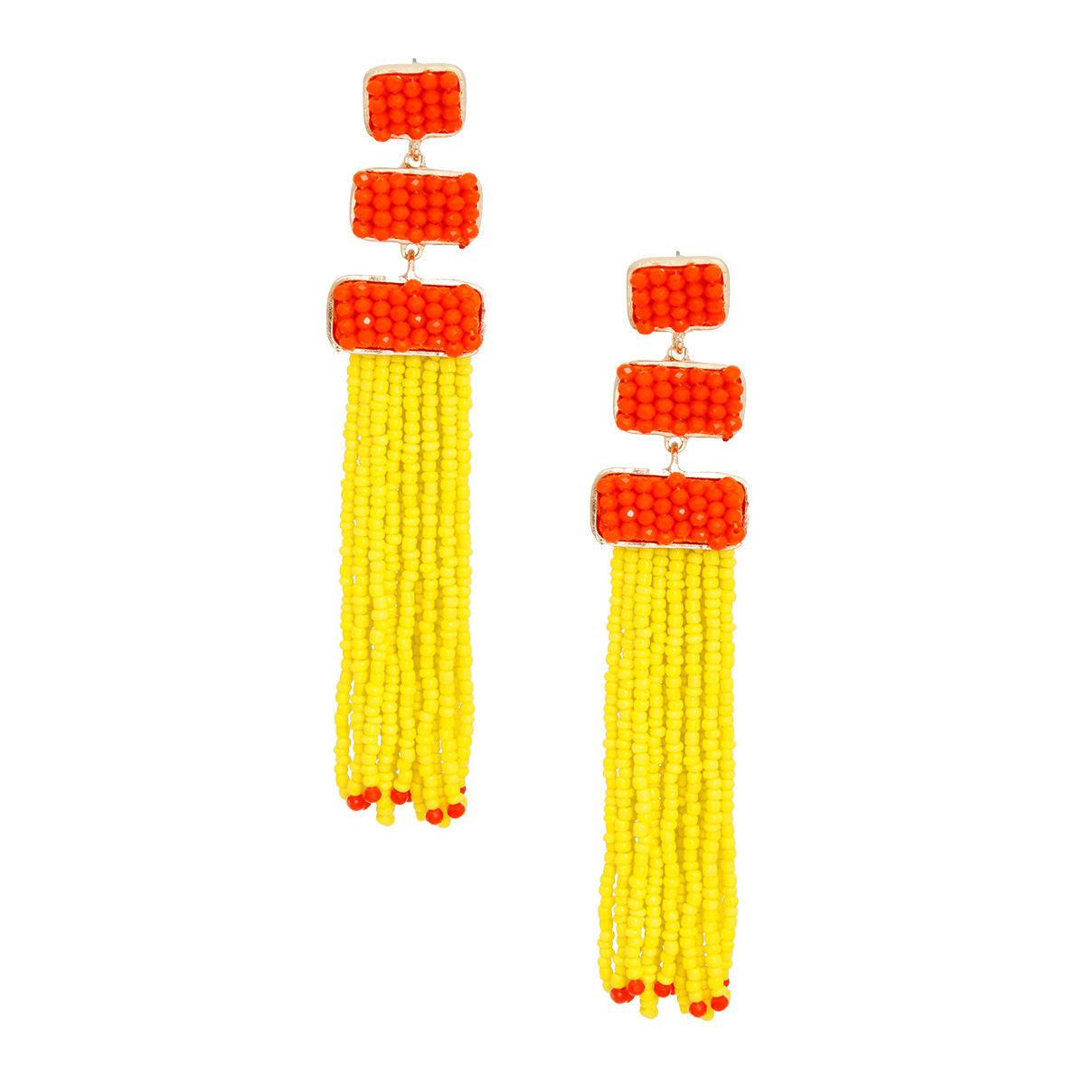 Chic Gold Rectangle & Orange Beaded Earrings - Yellow Tassel Drop