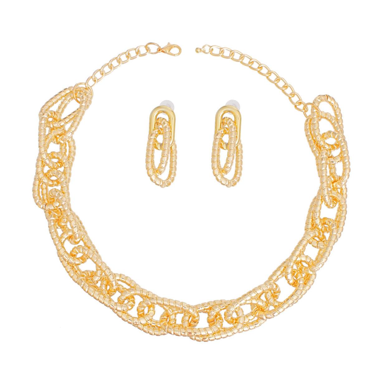 Chic Shiny Gold Oval Link Chain Necklace & Earrings Set - Fashion Jewelry