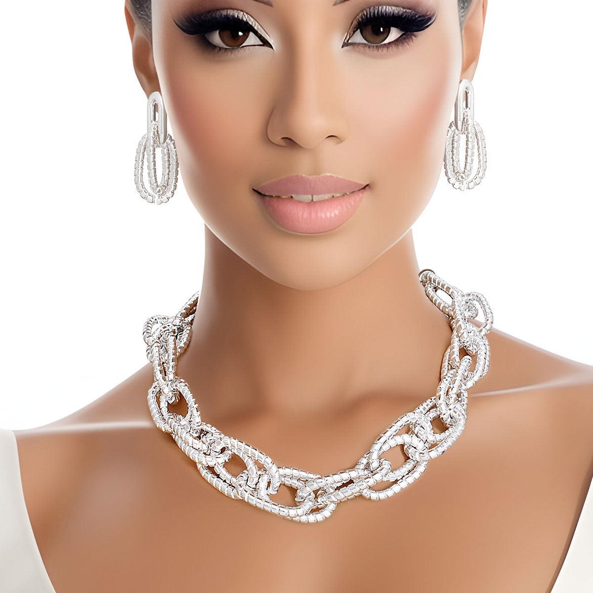 Chic Shiny Silver Oval Link Chain Necklace & Earrings Set - Fashion Jewelry