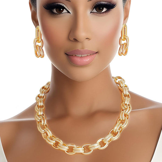 Chunky Gold Oval Link Chain Necklace & Earrings Set - Fashion Jewelry