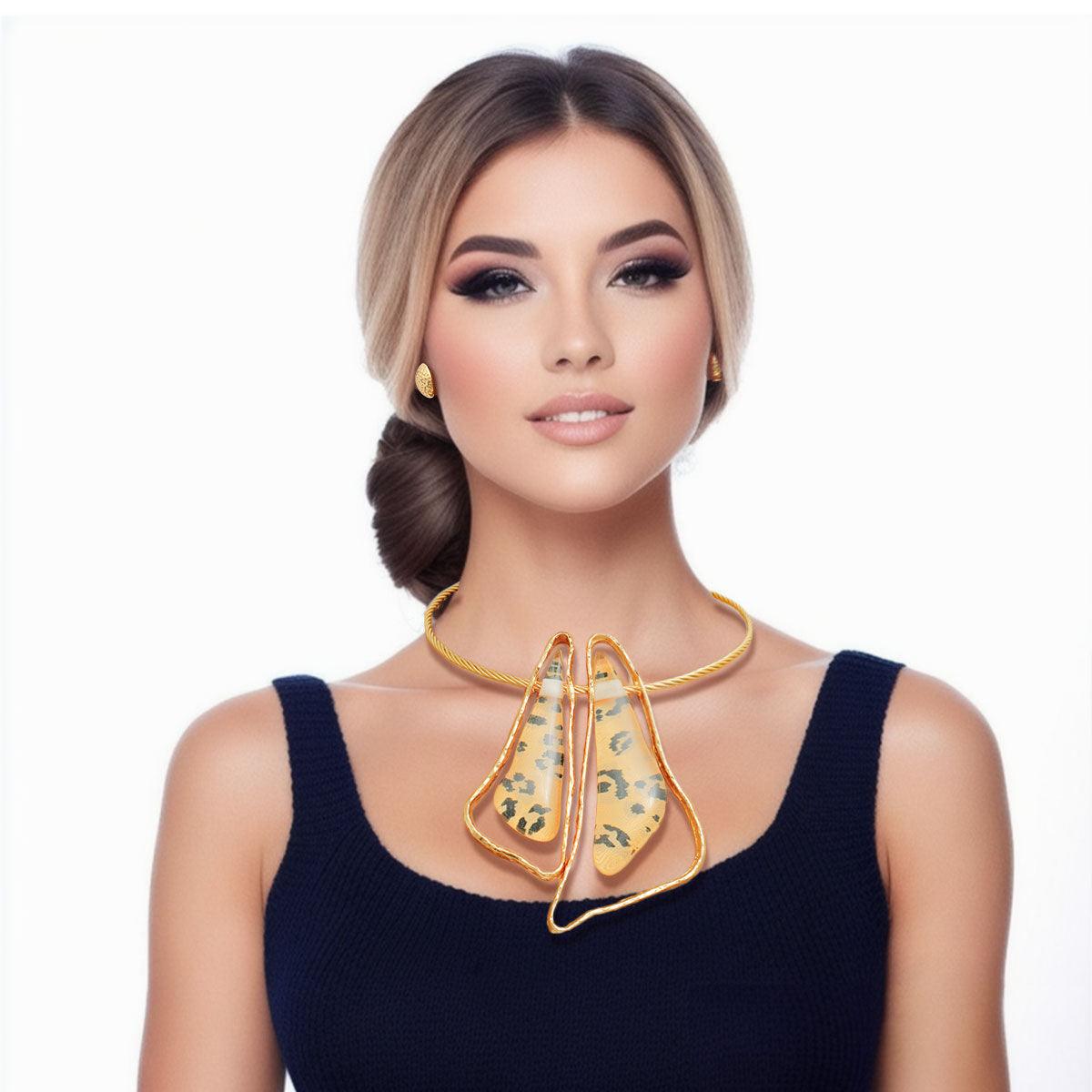 Collar Necklace Set with Textured Gold Double Triangle Slide Pendants - Women's Fashion Jewelry
