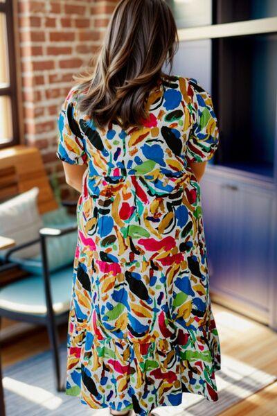 Colorful Notched Short Sleeve Tiered Dress for Plus Sizes