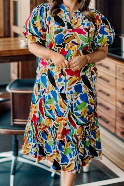 Colorful Notched Short Sleeve Tiered Dress for Plus Sizes