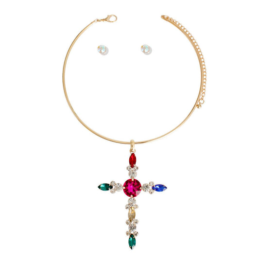 Complete Your Look with a Multicolor Cross Pendant: Earrings and; Choker Necklace Set