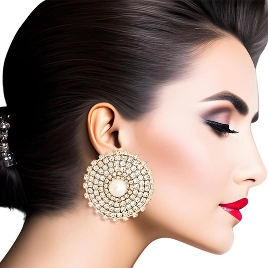 Costume Jewelry: Gold Cream Pearl and Rhinestone Stud Earrings