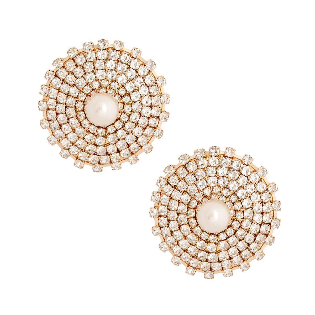 Costume Jewelry: Gold Cream Pearl and Rhinestone Stud Earrings