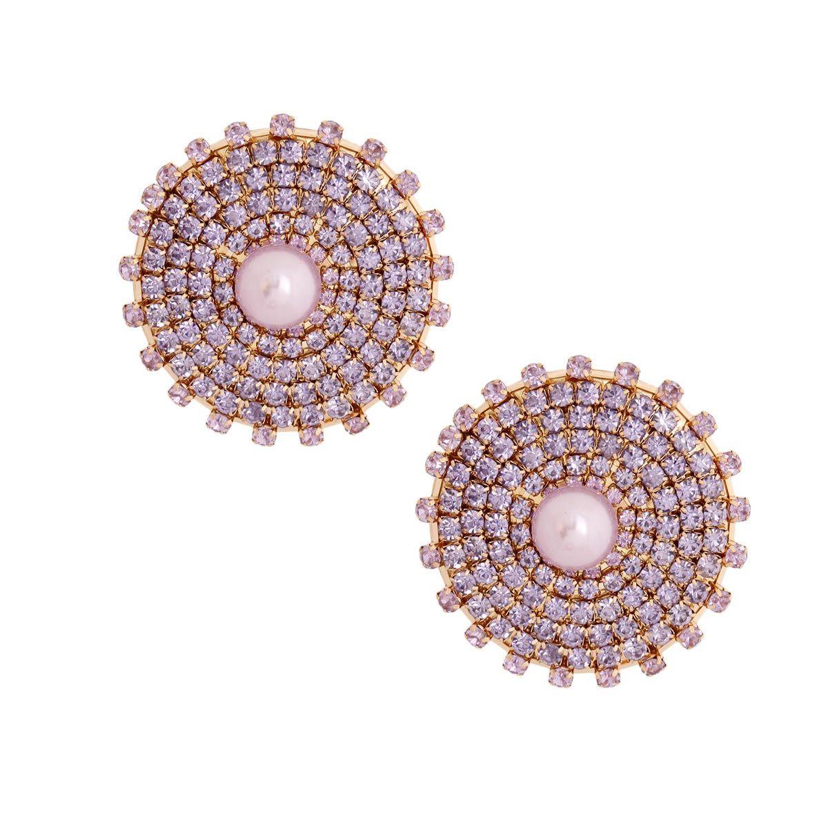 Costume Jewelry: Gold Purple Pearl and Rhinestone Stud Earrings