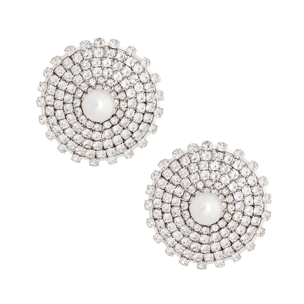 Costume Jewelry: Silver White Pearl and Rhinestone Stud Earrings