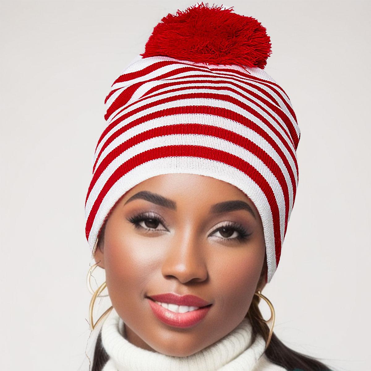 Cozy up in Style: Women's Candy Stripe Pom Beanie – Perfect for Chilly Days!