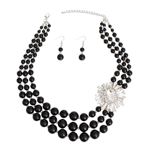 Dazzling 3-Strand Black Pearl Beaded Necklace Earrings Set