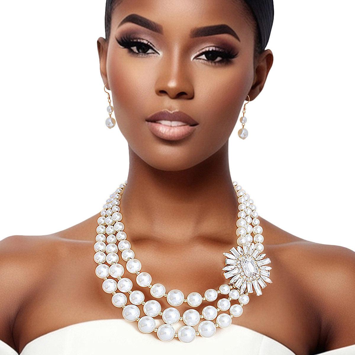 Dazzling 3-Strand Cream Pearl Beaded Necklace Earrings Set