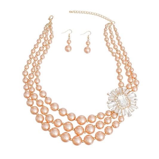 Dazzling 3-Strand Gold Pearl Beaded Necklace Earrings Set