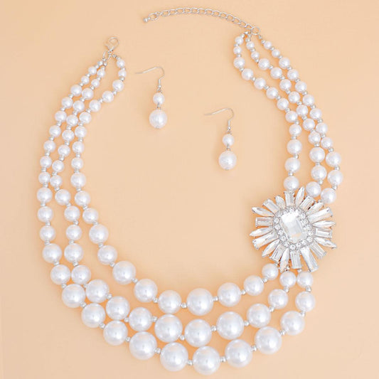 Dazzling 3-Strand White Pearl Beaded Necklace Earrings Set