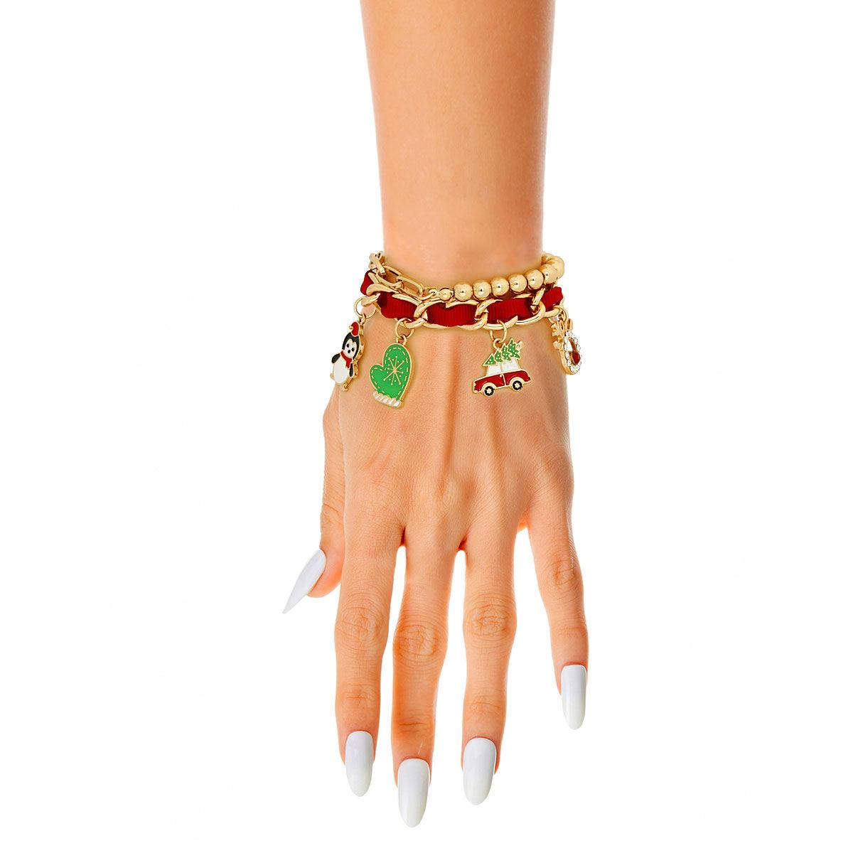 Deck the Halls with Our Festive Red Christmas Charms Bracelet Set - Order Today