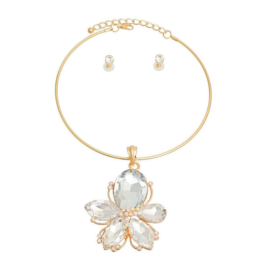 Drop Clear Flower Necklace Set Dazzle in Gold Fashion Jewelry