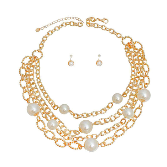 Elegant Gold Chains and Cream Pearls Necklace Set - Shop Now for Fashion Jewelry!