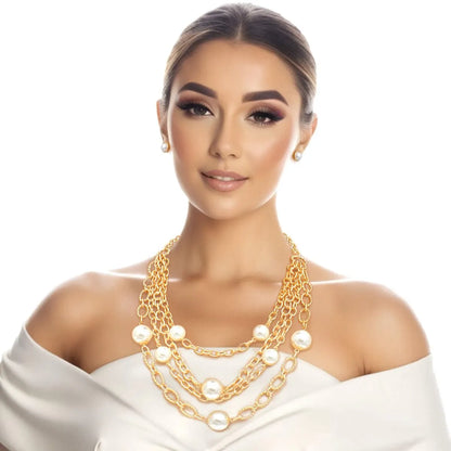 Elegant Gold Chains and Cream Pearls Necklace Set - Shop Now for Fashion Jewelry!