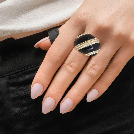 Elegant Gold Cocktail Ring with Clear Rhinestone and Black Dome - Fashion Jewelry