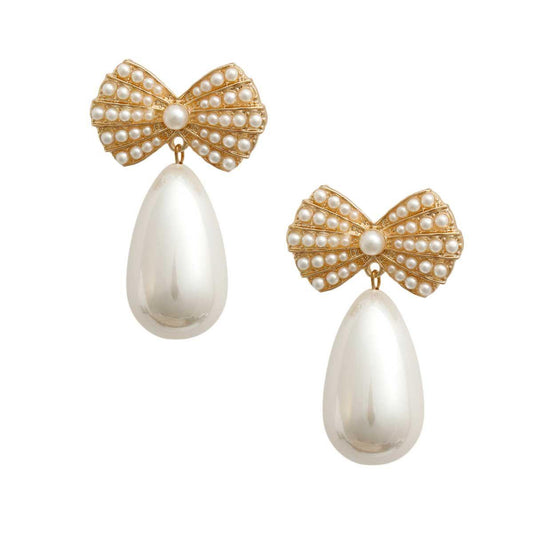 Elegant Gold Tone & Faux Cream Pearl Bow Earrings with Teardrop Detail