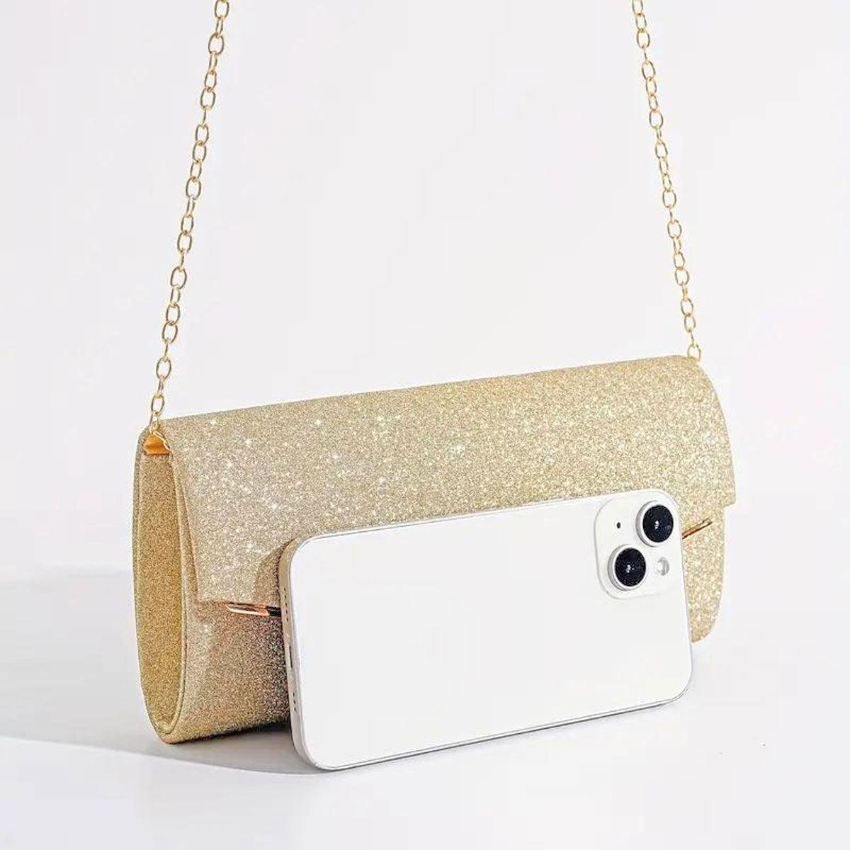 Elevate Your Style with a Glam Gold Sparkle Flap Clutch Bag