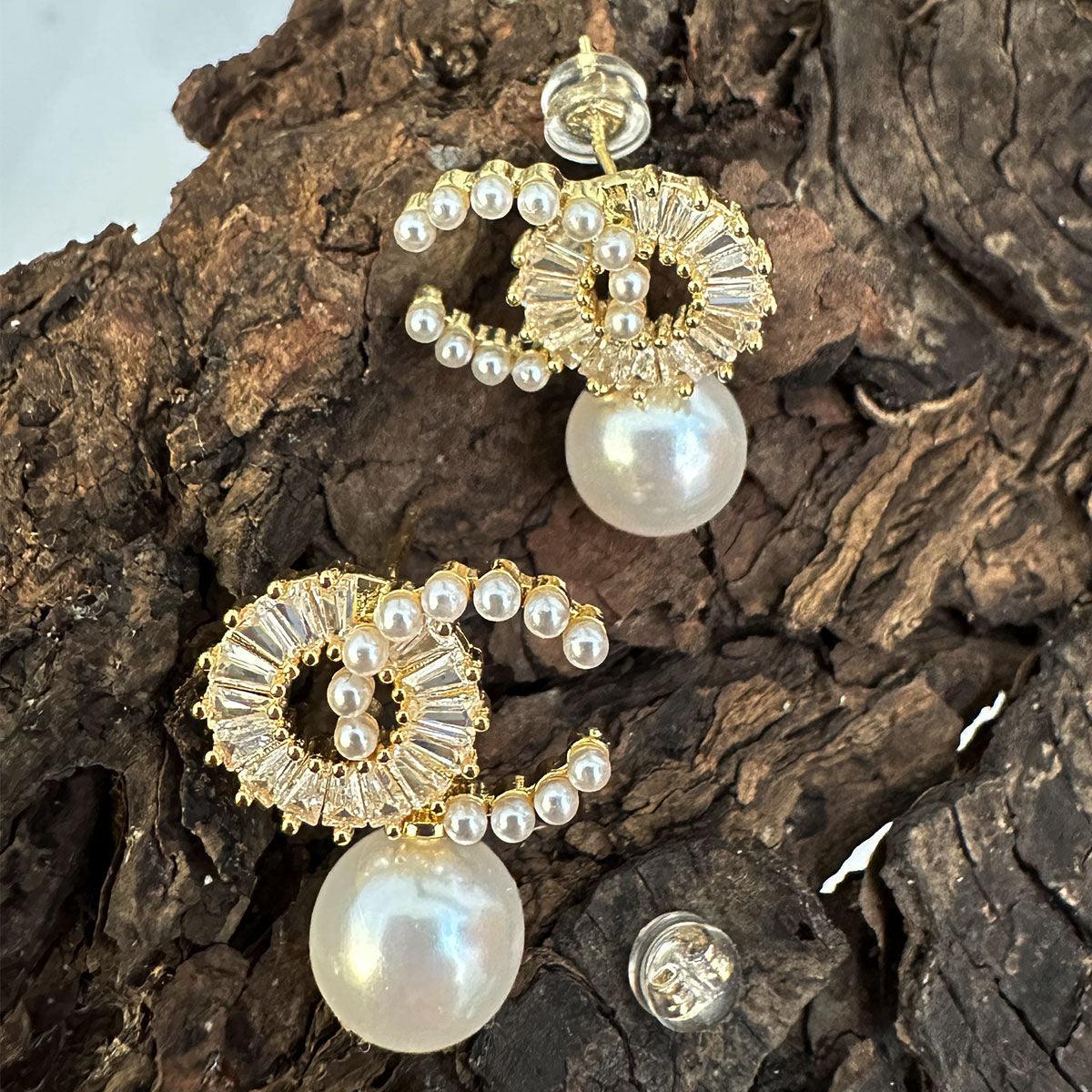 Fashion Jewelry: Gorgeous CZ Drop Pearl Earrings in Gold Finish