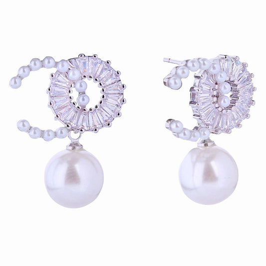 Fashion Jewelry: Gorgeous CZ Drop Pearl Earrings in White Gold Finish