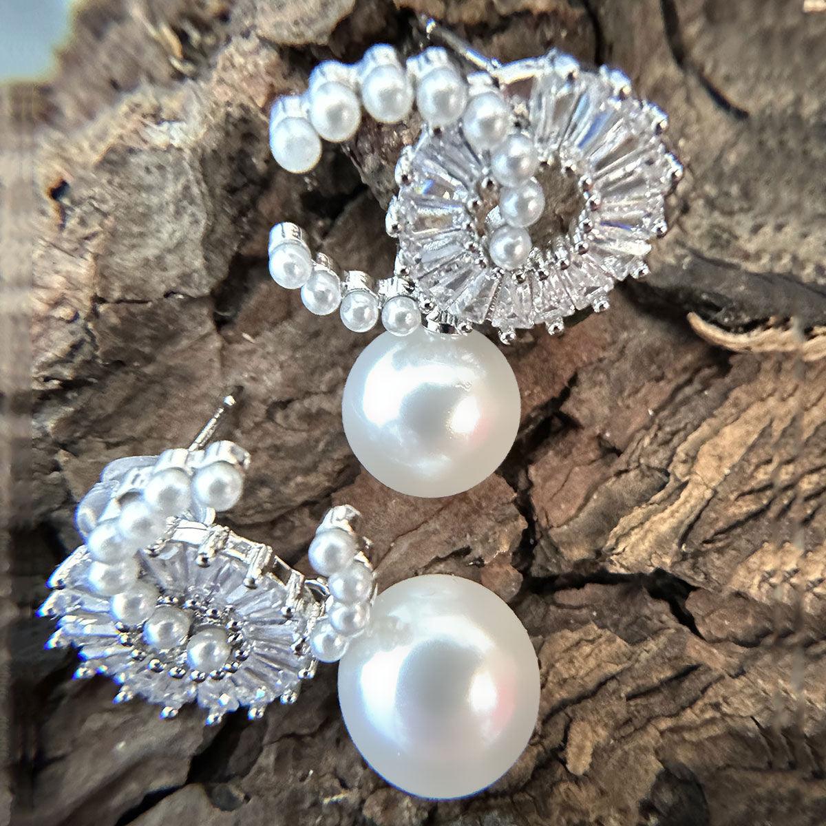 Fashion Jewelry: Gorgeous CZ Drop Pearl Earrings in White Gold Finish