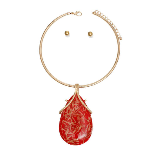 Fashion Necklace Set: Teardrop Red Resin Pendant with Dried Straw and Flower Elements