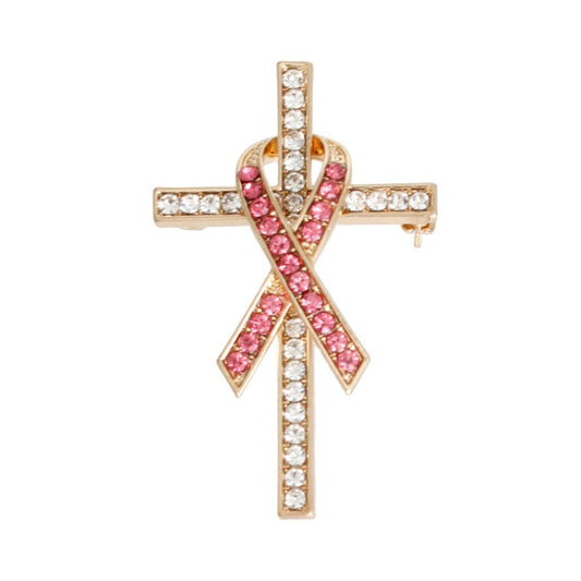 Fashionable Rhinestone Gold Cross and Ribbon Lapel Pin - Costume Jewelry