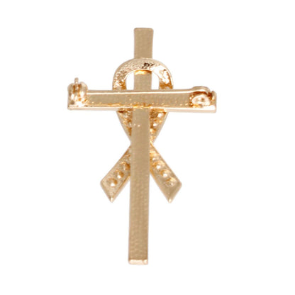Fashionable Rhinestone Gold Cross and Ribbon Lapel Pin - Costume Jewelry