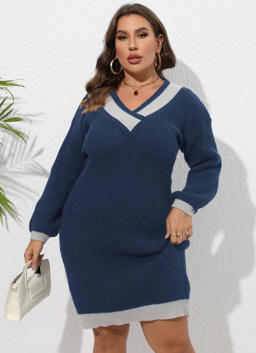 Feel confident and trendy in our Plus Size Colorblock V-neck Knit Dress!