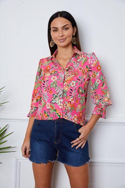 Feminine Flair: Floral Button-Up with Flirty Flounce Sleeve Shirt