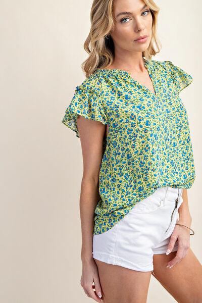 Floral Notched Ruffle Cap Sleeve Blouse: Your Style, Your Way
