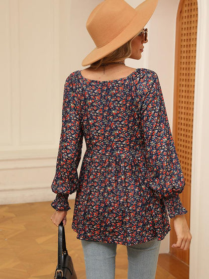 Floral V-Neck Blouse with Lantern Sleeves - Shop Now