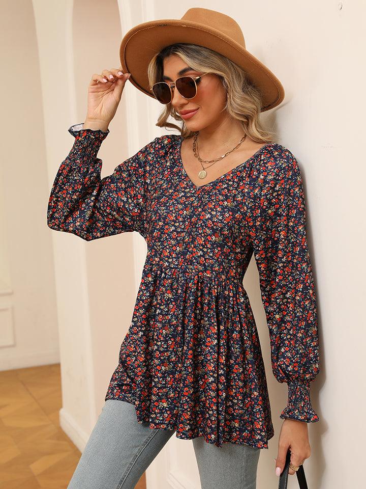 Floral V-Neck Blouse with Lantern Sleeves - Shop Now