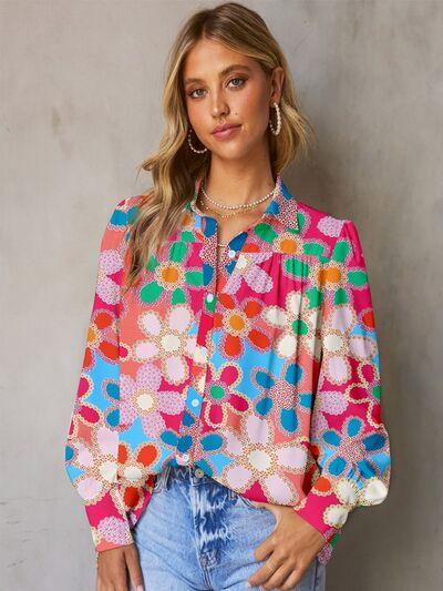 Fresh Style: Multicolor Printed Button Up Lantern Sleeve Shirt for Women