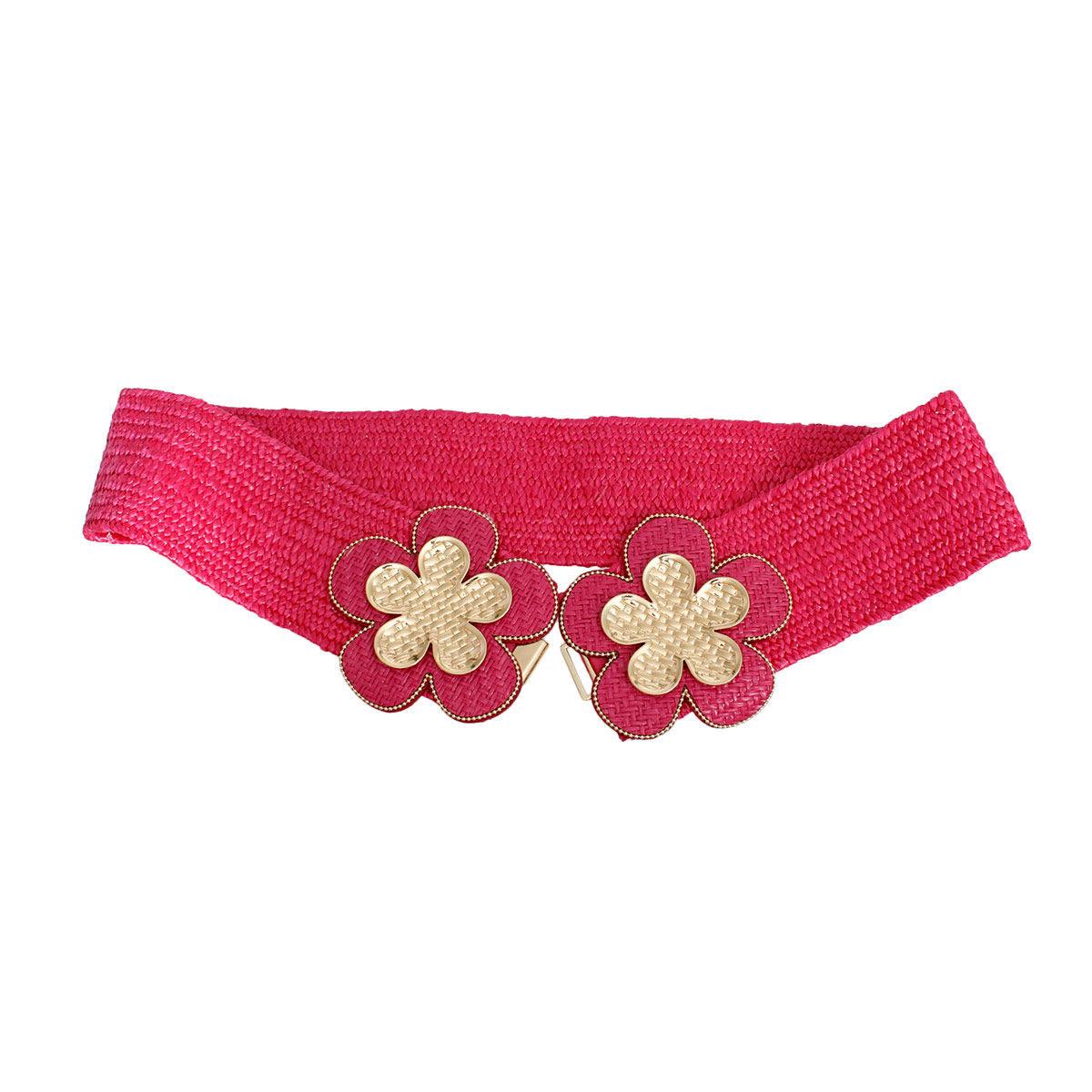 Fuchsia Raffia Belt with Gold Flower Buckle and Textured Detailing for Women