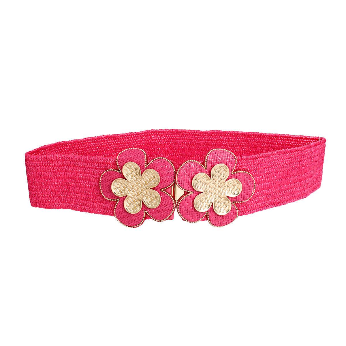 Fuchsia Raffia Belt with Gold Flower Buckle and Textured Detailing for Women