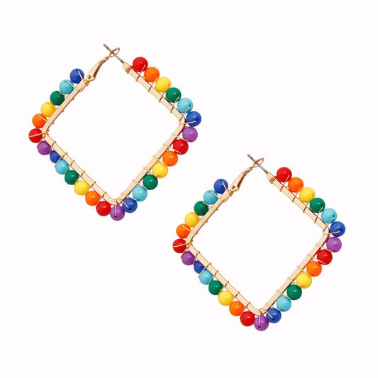 Geometric Gold Earrings with Colorful Beaded Wraps