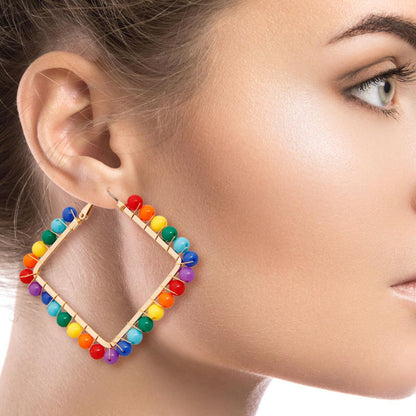 Geometric Gold Earrings with Colorful Beaded Wraps