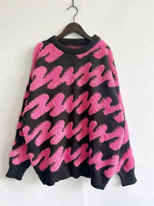 Get Cozy and Chic: Women's Dropped Shoulder Sweater with Squiggle Pattern