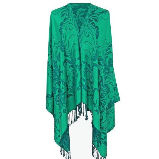 Get cozy and fashionable with our Pashmina Green Flower Fringe Scarf for Women