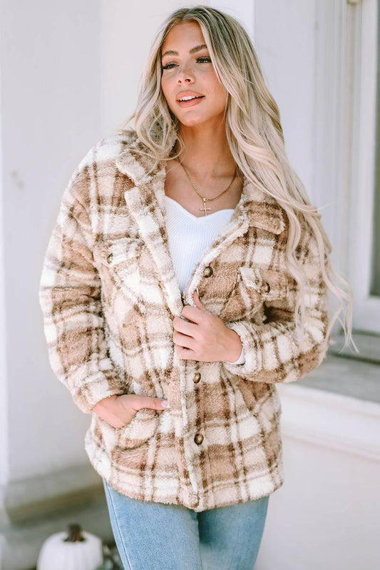 Get Cozy in Style: Shop the Sherpa Plaid Button Jacket for Women