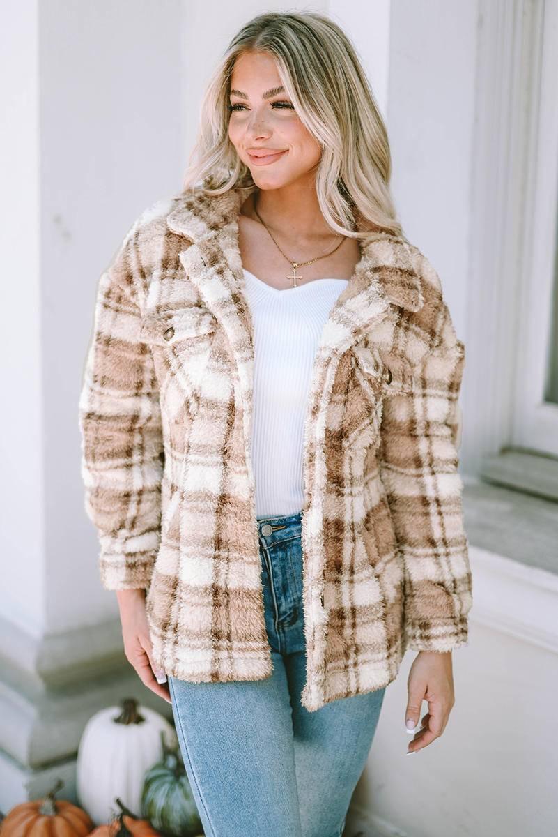 Get Cozy in Style: Shop the Sherpa Plaid Button Jacket for Women