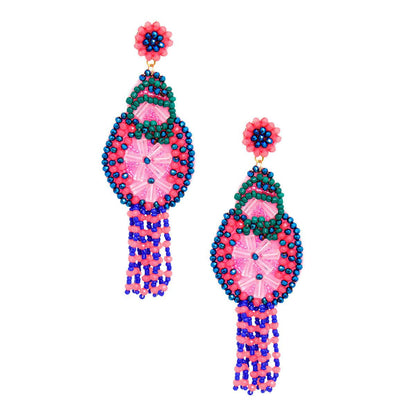Get Dazzling: Pink, Green & Blue Beaded Earrings with Tassel Detail