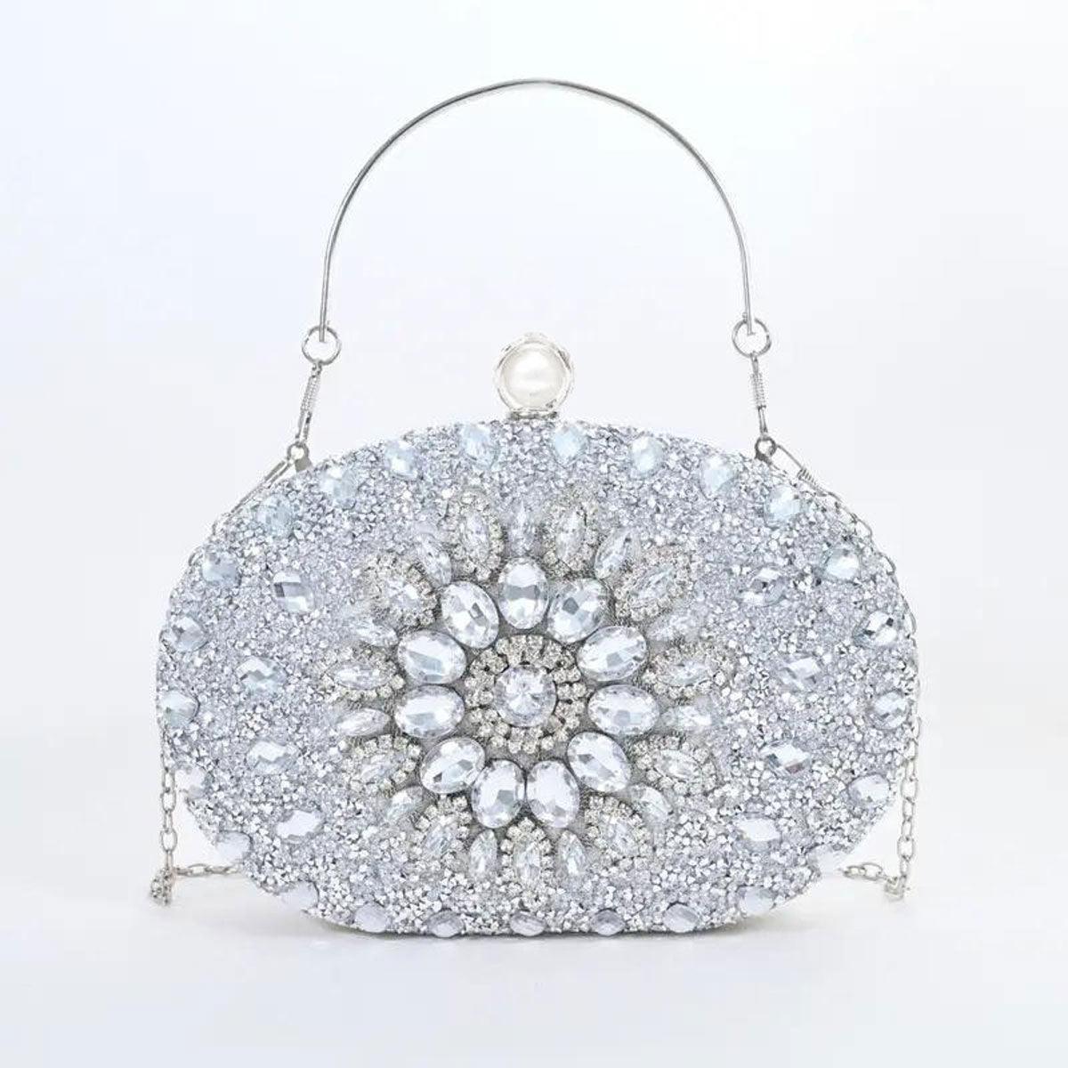 Get Glamorous with Silver Crystal Pearl Clutch for Women