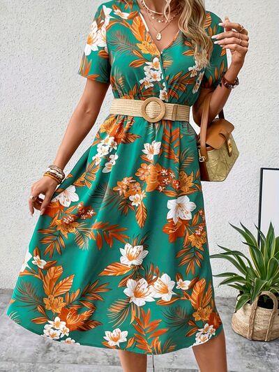Get It Now: Stunning Short Sleeve Teal Floral Surplice Dress!