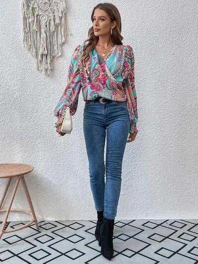 Get Noticed in Style: Printed Surplice Smocked Lantern Sleeve Blouse