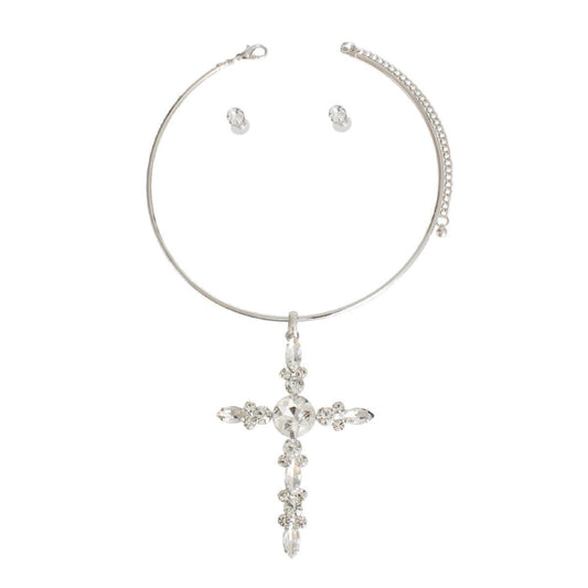Get Noticed with a Dazzling Cross Pendant Choker Necklace and Earrings